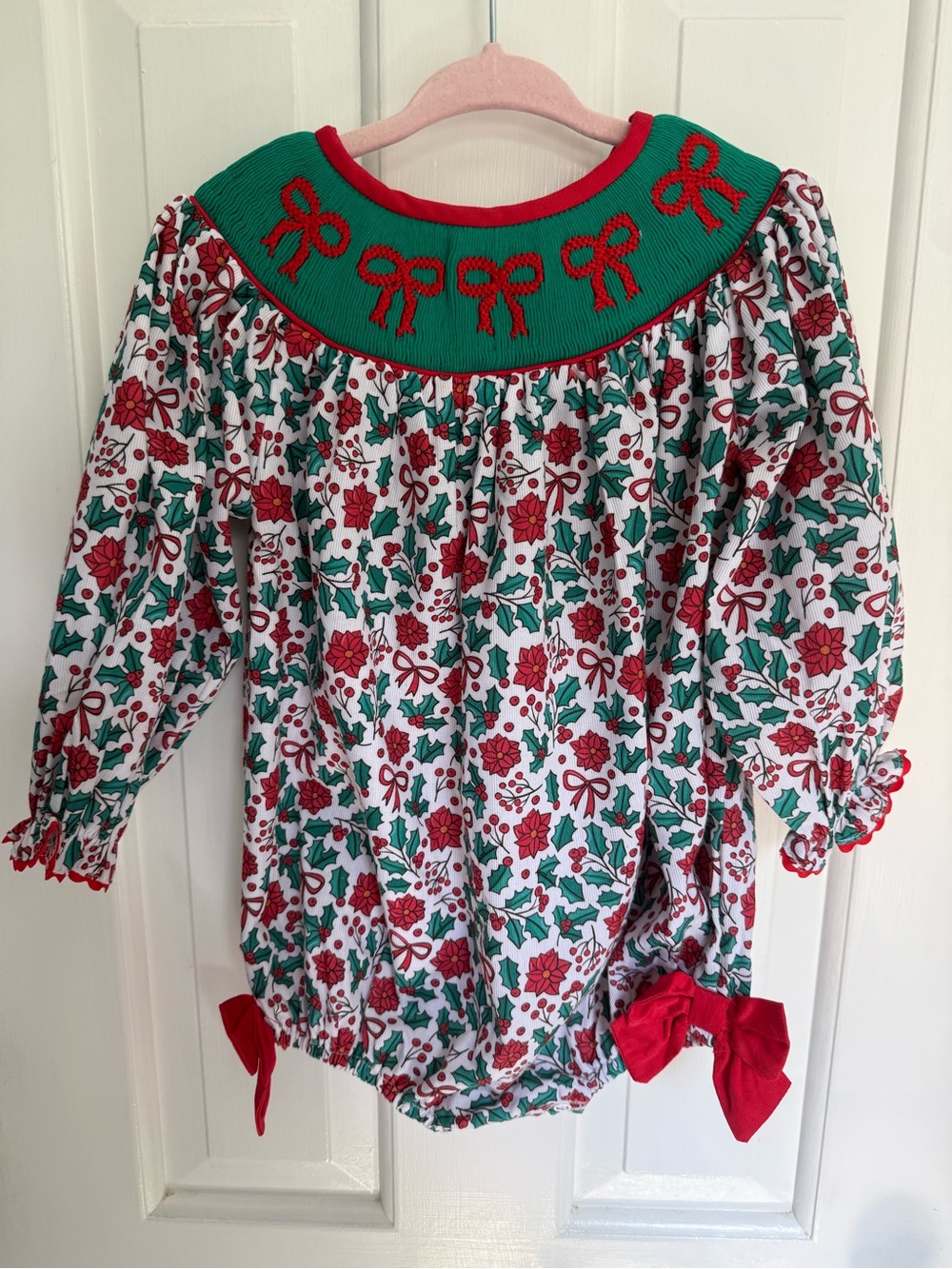Girls Smocked Christmas Bow Bubble Romper Poinsettia Holly Long Sleeve